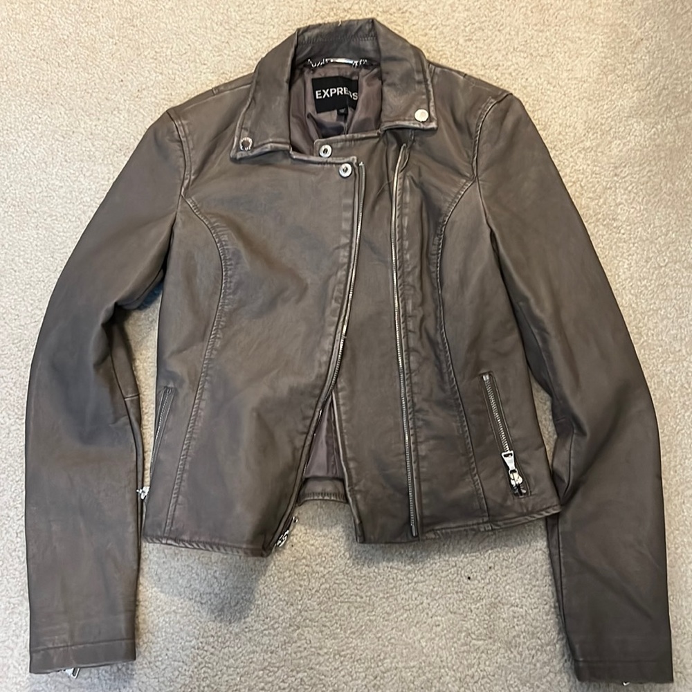 Express tan leather like bomber jacket XS